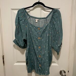 LC Lauren Conrad Teal Button Front Puff Sleeve Top Size Large